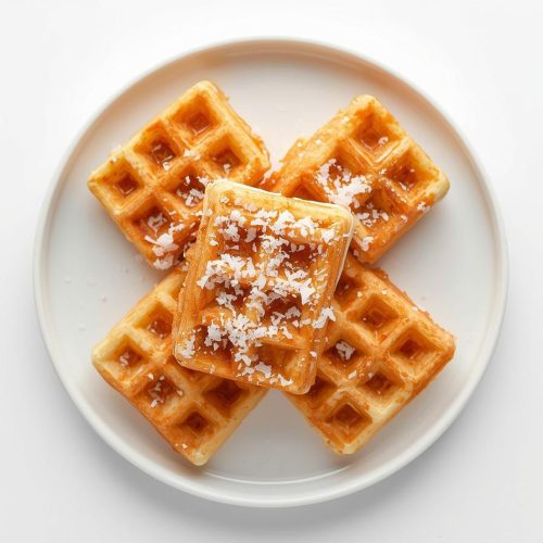 necesito un plato con waffles cuadrados que tengan coco y que tenga un fonfo blanco
